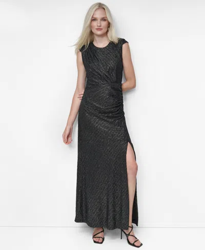 Dkny Women's Gathered-hip High-slit Metallic-threaded Gown In Black,silver