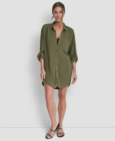 Dkny Women's Gauze Collared Button-front Beach Shirt In Green