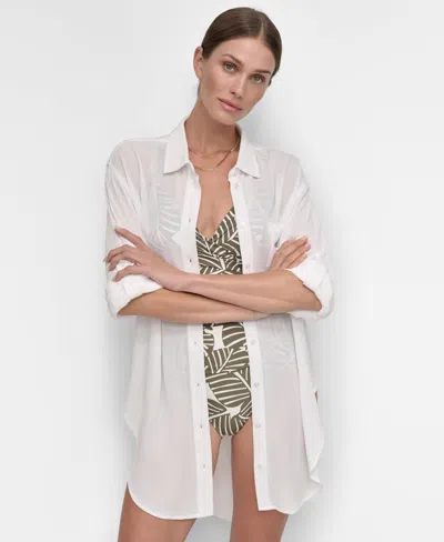 Dkny Women's Gauze Collared Button-front Beach Shirt In Soft White