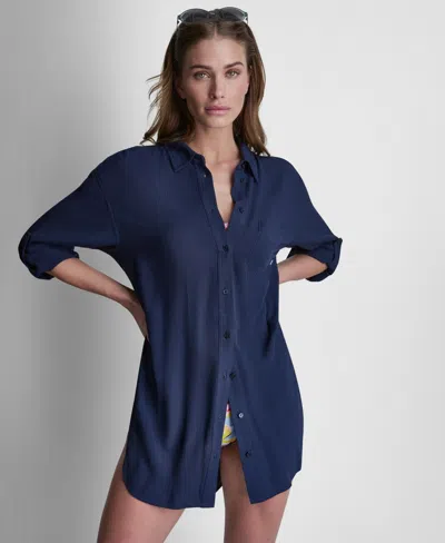 Dkny Women's Gauze Collared Button-front Beach Shirt In Blue