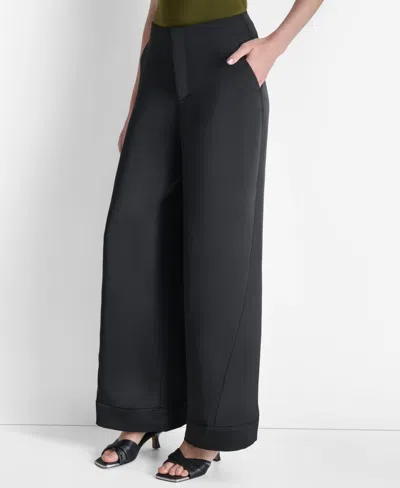 Dkny Women's Glazed High Rise Seamed-cuff Wide-leg Pants In Black