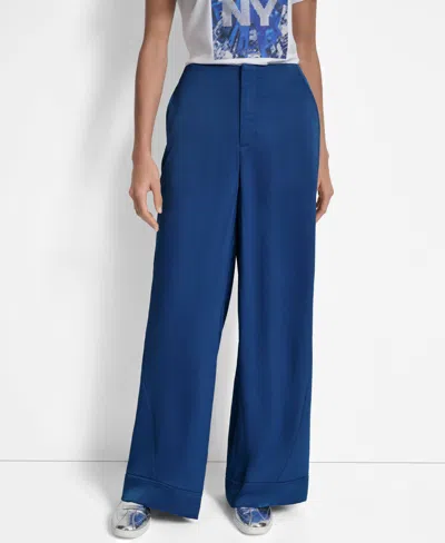 Dkny Women's Glazed High Rise Seamed-cuff Wide-leg Pants In Blue