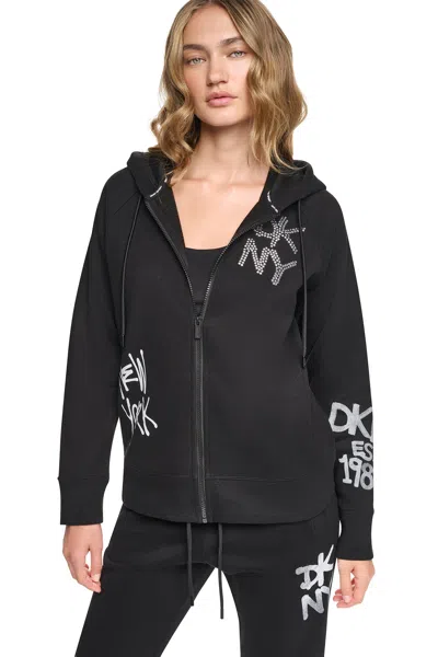 Dkny Women's Graffiti Rhinestone Full-zip Hoodie In Black
