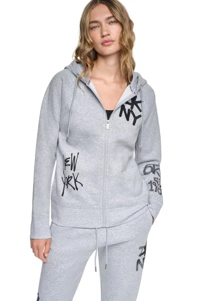 Dkny Women's Graffiti Rhinestone Full-zip Hoodie In Gray