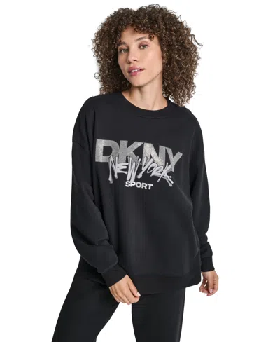 Dkny Women's Graffiti Rhinestone Logo Blouson-sleeve Drop-shoulder Sweatshirt In Black