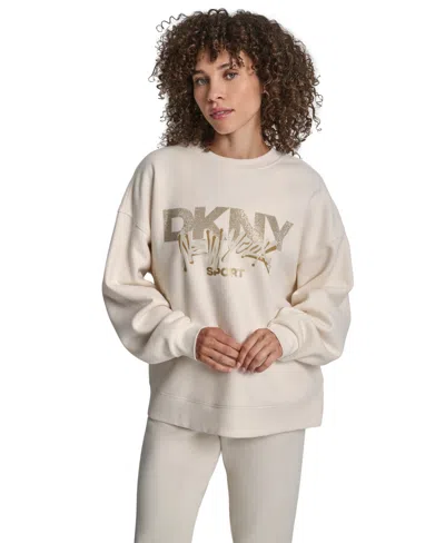 Dkny Women's Graffiti Rhinestone Logo Blouson-sleeve Drop-shoulder Sweatshirt In White