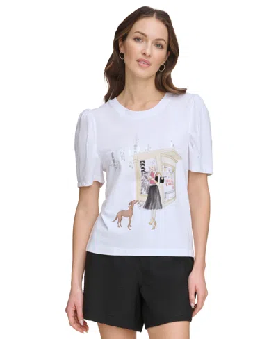 Dkny Women's Graphic-print Puff-sleeve T-shirt In White