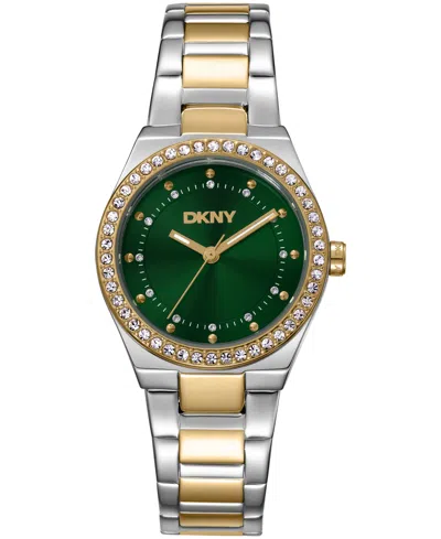 Dkny Women's Green Dial Crystal Dial Markers Crystal Bezel Two-tone Gold Stainless Steel Bracelet Watch, 