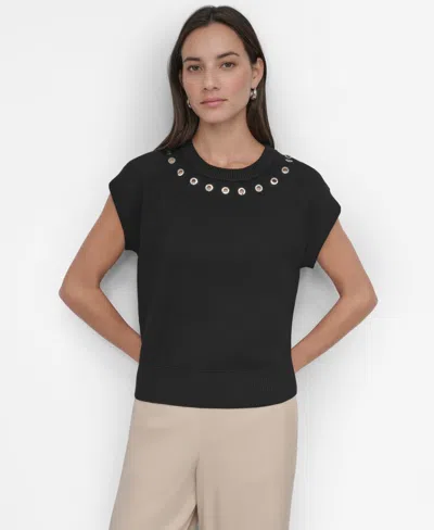 Dkny Women's Grommet Cap-sleeve Sweater In Black