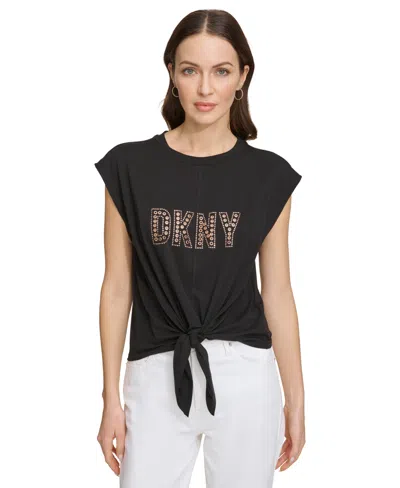 Dkny Women's Grommet-logo Sleeveless Tie-hem Top In Black