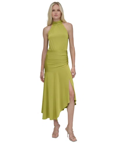Dkny Women's Halter Ruched Asymmetric-hem Dress In Pear