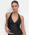 Dkny Women's Halter V-neck Shirred Tankini Top In Black
