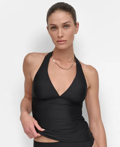 Dkny Women's Halter V-neck Shirred Tankini Top In Black