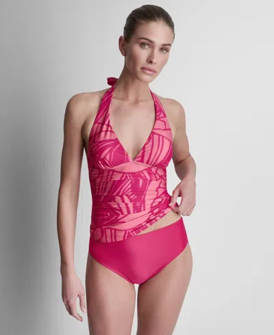 Dkny Women's Halter V-neck Shirred Tankini Top In Multi