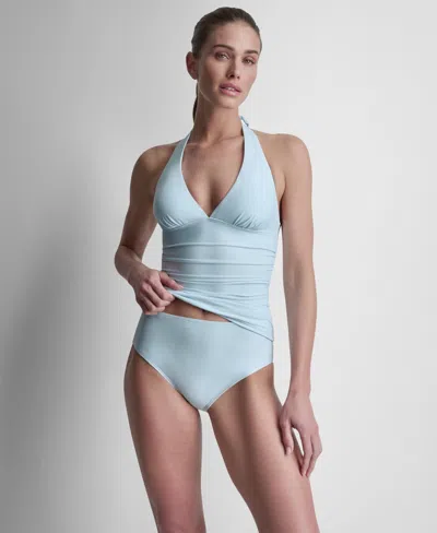 Dkny Women's Halter V-neck Shirred Tankini Top In Blue