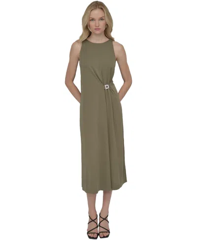 Dkny Women's Hardware-trim Side-ruched Sleeveless Dress In Utility Green