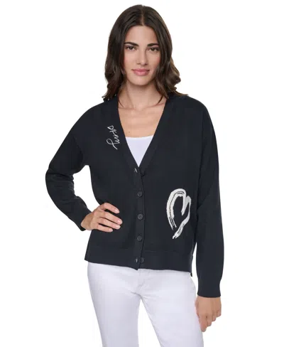 Dkny Women's Heart Brush Stroke Button-front V-neck Cardigan In Black