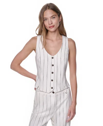Dkny Women's Heavy Topstitch Striped V-neck Vest In White
