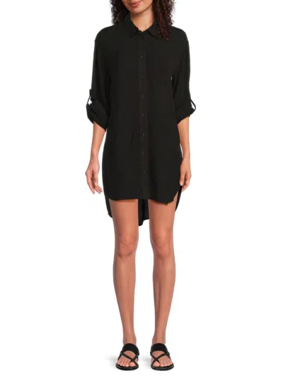 Dkny Women's High-low Linen-blend Shirtdress In Black