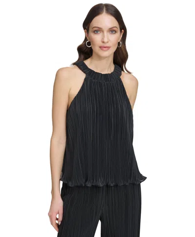 Dkny Plissé Sleeveless Top With Faux Leather Trim In Black