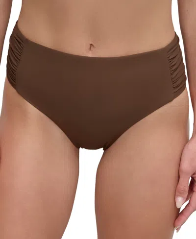 Dkny Women's High-waist Side-shirred Bikini Bottoms In Mocha