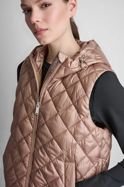 Dkny Women's Hooded Diamond Quilted Vest In Pink