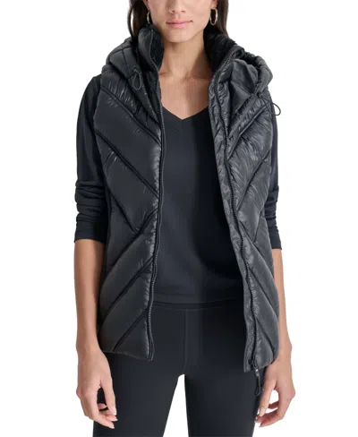 Dkny Women's Hooded Puffer Vest With Contrast Scuba And Teddy Faux Fur Collar In Black