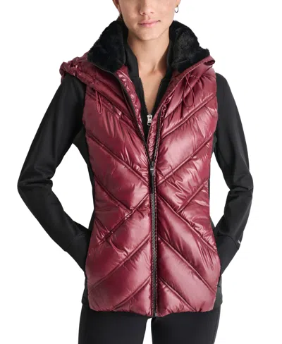 Dkny Women's Hooded Puffer Vest With Contrast Scuba And Teddy Faux Fur Collar In Burgundy