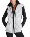 Dkny Women's Hooded Puffer Vest With Contrast Scuba And Teddy Faux Fur Collar In White