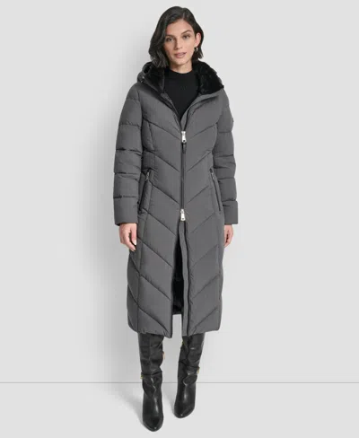 Dkny Women's Hooded Zip Front A-line Maxi Puffer Coat In Gray