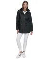 Dkny Petite Hooded Zip-front Water-resistant Raincoat In Black