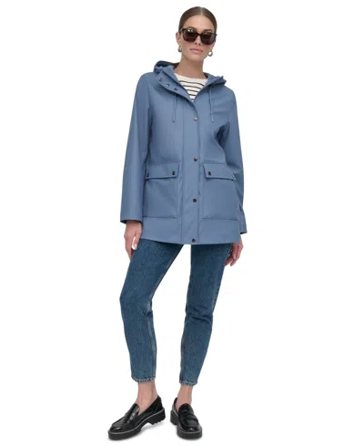 Dkny Women's Hooded Zip-front Water-resistant Raincoat In Denim (blue)