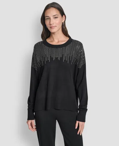 Dkny Women's Hotfix Fringe Long Sleeve Sweater In Black