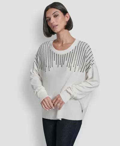 Dkny Women's Hotfix Fringe Long Sleeve Sweater In White
