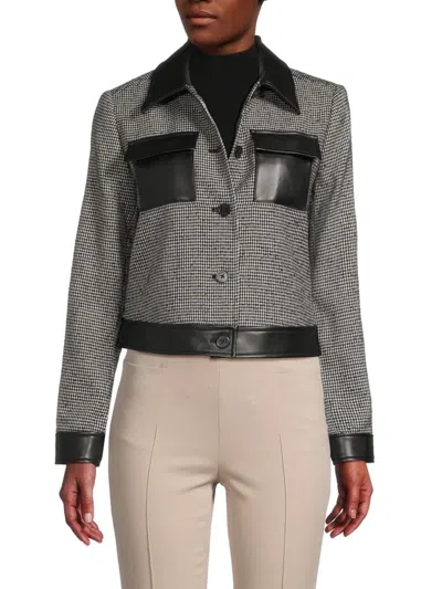 Dkny Women's Houndstooth Faux Leather Trim Jacket In Black Ivory