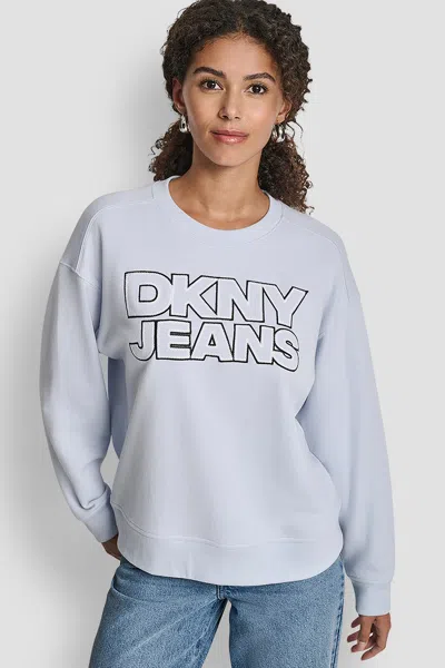 Dkny Women's Jeans Chainstitch Outline Logo Crew Neck Sweatshirt In White