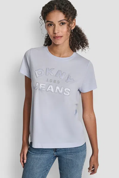 Dkny Women's Jeans Satin Applique Chainstitch Logo Crew Neck T-shirt In Blue