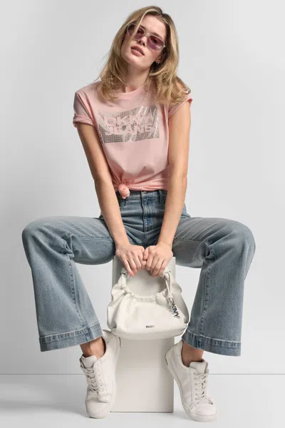 Dkny Women's Jeans Stack Logo Rhinestone T-shirt In Pink