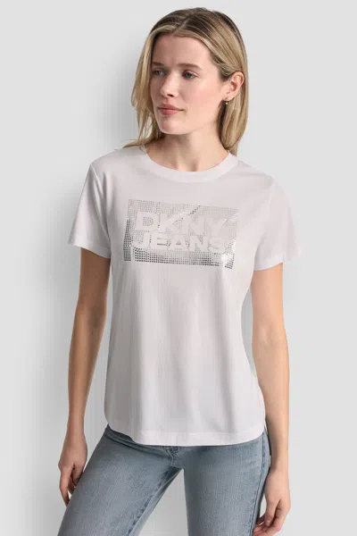Dkny Women's Jeans Stack Logo Rhinestone T-shirt In White