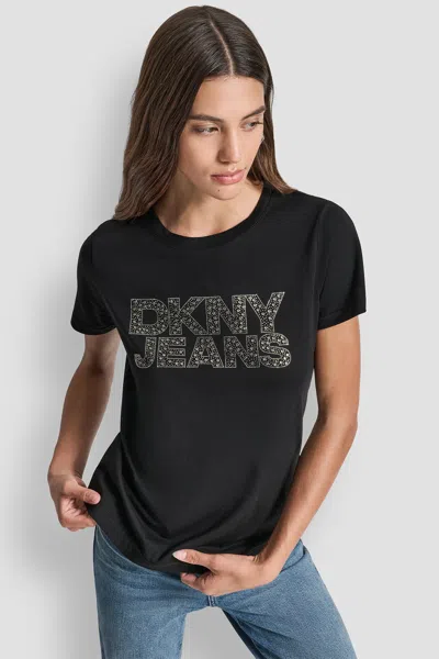 Dkny Women's Jeans Stacked Mini Rhinestone Logo Crew Neck In Black