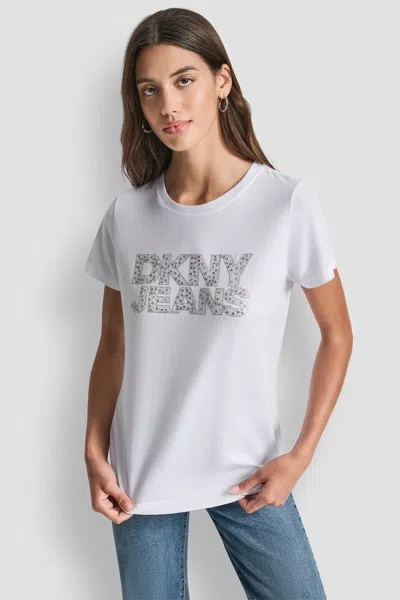 Dkny Women's Jeans Stacked Mini Rhinestone Logo Crew Neck In White