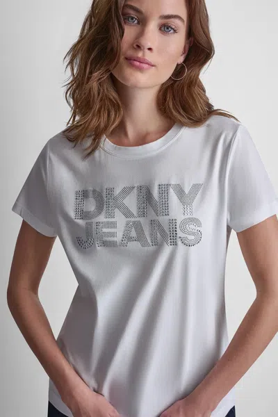Dkny Women's Jeans Stacked Rhinestone Dome T-shirt In White