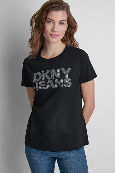 Dkny Women's Jeans Stacked Rhinestone Dome T-shirt In Black