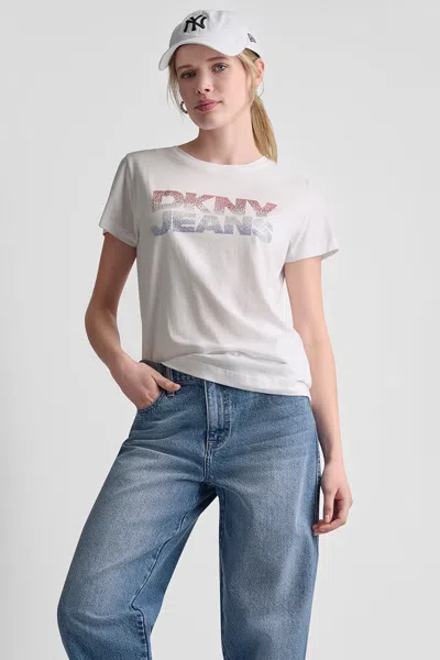 Dkny Women's Jeans Stacked Rhinestone Logo T-shirt In White