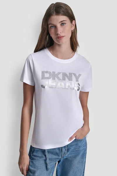 Dkny Women's Jeans Stacked Rhinestone T-shirt In White