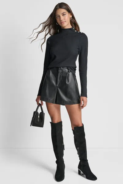 Dkny Women's Jewel Button Shoulder Mock Neck Long Sleeve T-shirt In Blue