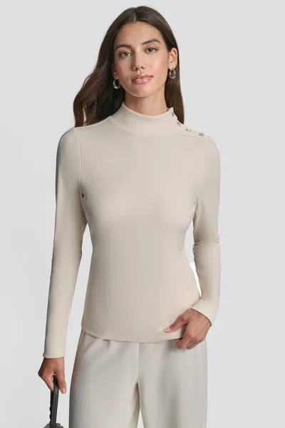 Dkny Women's Jewel Button Shoulder Mock Neck Long Sleeve T-shirt In Neutral