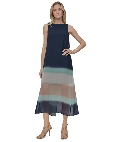 Dkny Women's Jewel-neck Overlay Sleeveless Dress In Indigo,blue