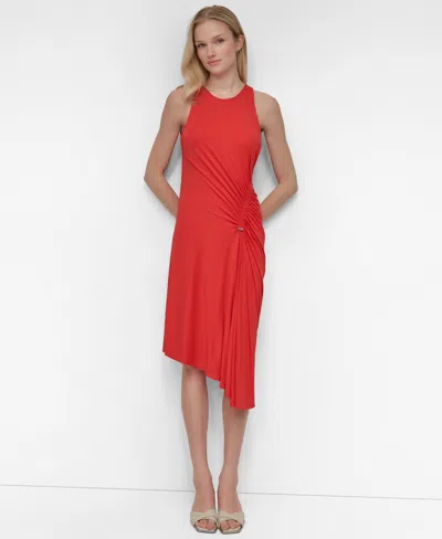 Dkny Women's Jewel Neck Ruched-front Sleeveless Dress In Orange