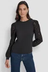 Dkny Women's Lace Puff Long Sleeve Crew Neck T-shirt In Black